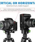 Vertical and horizontal DSLR L Bracket Quick Release Plate With Vertical And Horizontal Switching Arca Compatible shown on cameras