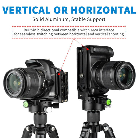 Vertical and horizontal DSLR L Bracket Quick Release Plate With Vertical And Horizontal Switching Arca Compatible shown on cameras