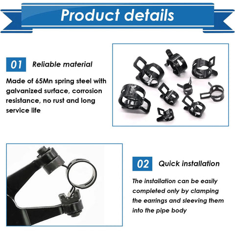 Front view of 72-piece black Eoppen spring hose clamps kit in six sizes (7–18mm) for automotive fuel lines and vacuum hoses.