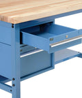 Heavy Duty 72 Inch Workbench With 30 Inch Deep Maple Top And Rugged Steel Frame features a drawer in blue finish.