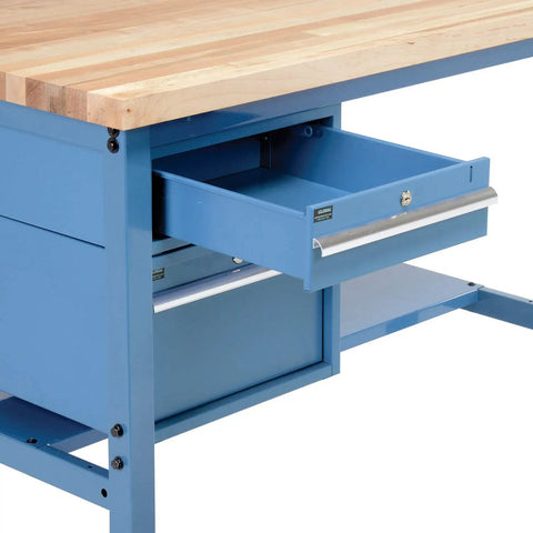 Heavy Duty 72 Inch Workbench With 30 Inch Deep Maple Top And Rugged Steel Frame features a drawer in blue finish.