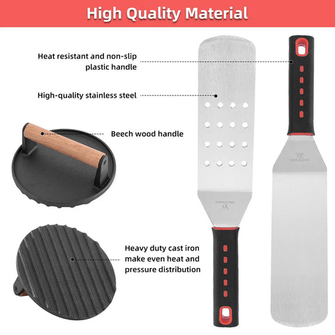 28 Piece Griddle Gear Kit For Blackstone Flat Top Grill Spatulas Scraper Turners Burger Press materials shown