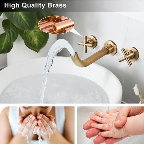 Wall Mounted Bathroom Sink Faucet With Dual Cross Handles, 3 Hole Widespread Vanity Mixer Tap In Matte Black, Go-To Rough-In Valve Included, Solid Brass Construction, Effortless DIY Install, Sleek Contemporary Style