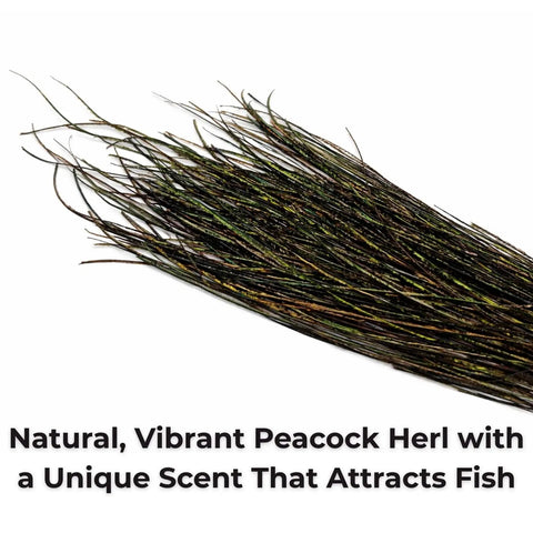 Natural Peacock Herl Feather For Fly Tying, 340 Strands, 10-20cm Length with iridescent colors against white background.