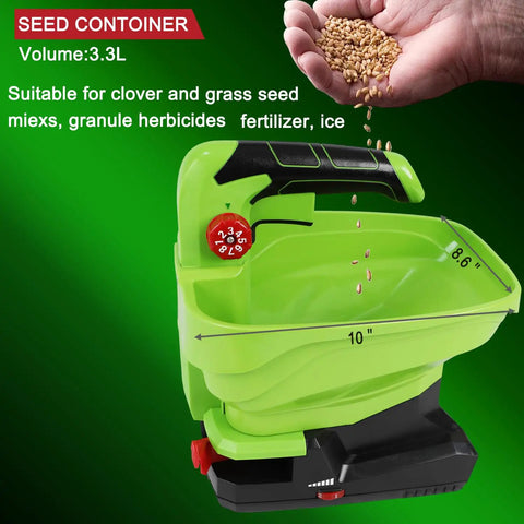 Cordless Seed Spreader Handheld With 3.3L Tank, 8 Level Flow Control, Built-In 2.0Ah Battery on a green background