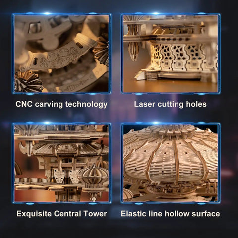 3D Wooden Puzzle Kit for Adults With SkyCity Cityscape, 600 Plus Pieces, Mind Blowing Mechanical DIY Craft That Doubles as a Music Box, Perfect STEM Toy Gift for Puzzle Fans and All Occasions showing CNC carved laser-cut wood parts