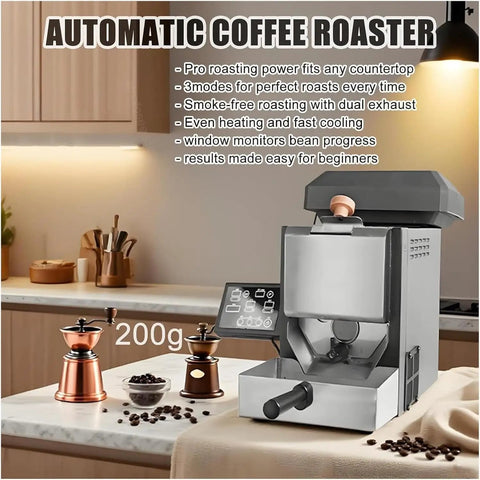 Dope Compact Electric Coffee Bean Roaster With Smoke Filter And Digital Display Rocking Precision For 200 Gram Batches, features digital display and sleek design.