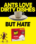 Pro Grade Indoor Ant Colony Buster Bait Stations For Households That Straight Up Wipe Out Worker Ants And Queen Dependable Gel Formula Lasts Up To Three Months Child Resistant Twist Lock Eight Count Kit with dirty dishes and ant baits.