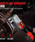 Compact 20V Brushless Right Angle Impact Wrench With Half Inch Square Drive Produces 207 Foot Pounds Max Torque for dark workspaces.
