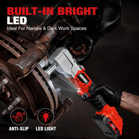 Compact 20V Brushless Right Angle Impact Wrench With Half Inch Square Drive Produces 207 Foot Pounds Max Torque for dark workspaces.