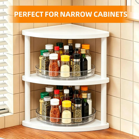 Easy Peasy 10 Inch Round Lazy Susan Turntable Organizer, 3 Pack Sleek Spinning Cabinet Spinner For Deep Drawers Under Sink And Pantry Shelves, Clear Bpa Free Kitchen Storage Game Changer with spice jars.