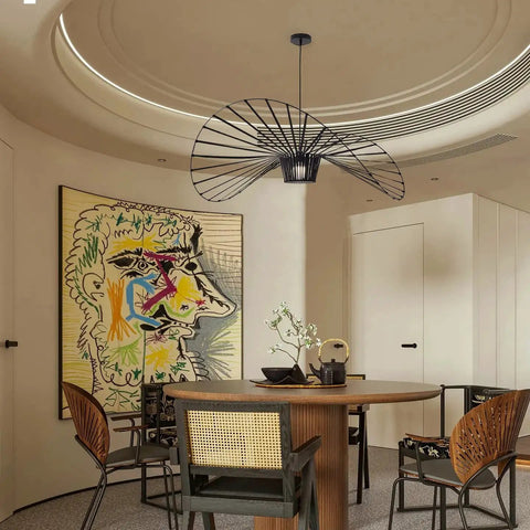 Black Vintage Chandelier With Straw Hat Shape Pendant Light, D39 Dope Boho Modern Farmhouse Ceiling Fixture in dining room