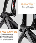 Portable Magnetic Bike Trainer Stand with Aluminum Frame showing QR and thru-axle compatible fork adapters.