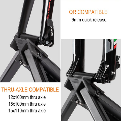 Portable Magnetic Bike Trainer Stand with Aluminum Frame showing QR and thru-axle compatible fork adapters.