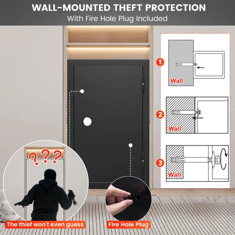 Illustration of wall-mounted theft protection for 60 Minute Fireproof Safe For Home And Office That Keeps Your Stuff Safe.