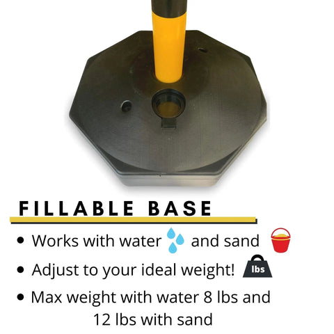 Image showing base of Two Pack Traffic Delineator Poles With Chain Included Portable Fillable Base No More Cones For Parking Lots Construction Sites Road Markers Street Stanchions Black Yellow, capable of being weighted with water or sand.