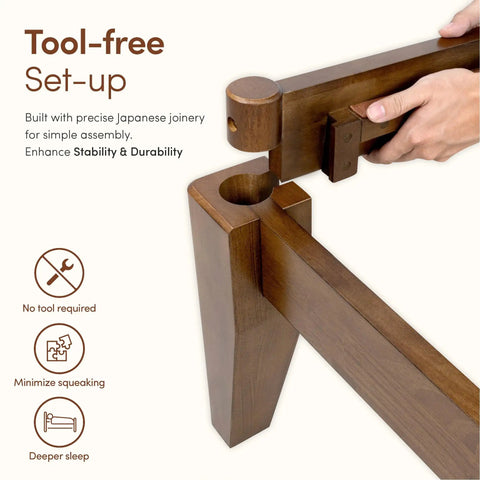 Close-up of Premium King Solid Wood Bed Frame With Classic Japanese Joinery and Reinforced Wooden Slats for easy tool-free assembly.