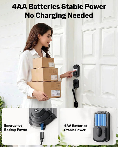 Woman using Keyless Front Door Lock Set With Handle, 3 In 1 Smart Lock With Fingerprint, Passcode And Mechanical Key, Anti Peep Keypad, Easy Install No More Lockouts Front Door Deadbolt while carrying packages