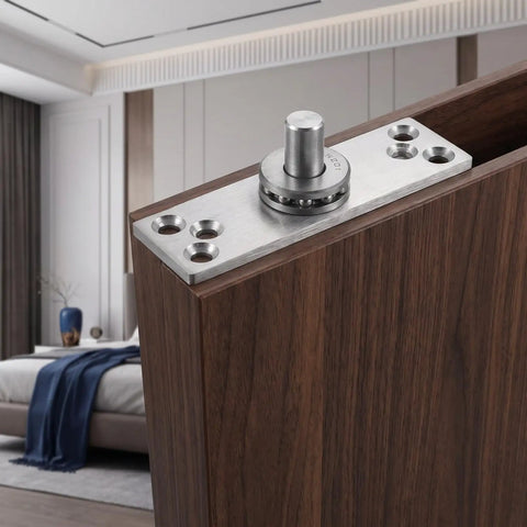 Close-up of Stainless Steel Concealed Pivot Hinge Delivering Smooth As Butter 360 Rotation For Cabinets on wooden cabinet frame.