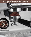 Next Level Espresso Machine With Built In Conical Burr Grinder And Rotating Steam Wand For Kickass Crema Lattes Quiet Grinding Smooth Operator Pro Grade Coffee Maker showing 30 grind levels with ground coffee in portafilter.