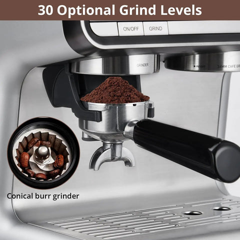 Next Level Espresso Machine With Built In Conical Burr Grinder And Rotating Steam Wand For Kickass Crema Lattes Quiet Grinding Smooth Operator Pro Grade Coffee Maker showing 30 grind levels with ground coffee in portafilter.