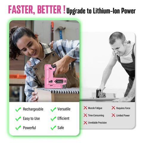 Woman using Pink Cordless 4V Electric Staple Gun 2 In 1 Stapler And Brad Nailer USB C Rechargeable in workshop