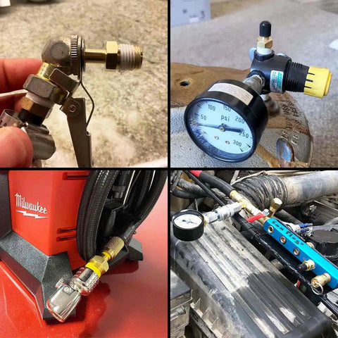 Two Pack One Quarter Inch NPT Tank Valve To Standard Schrader Brass Valve Adapter, set next to air compressor gauges and hoses