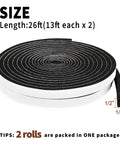 Rock Solid Open Cell Foam Tape Self Adhesive Sound Insulation Weather Stripping Gap Filler Heat Noise Reducer Half Quarter Inch 13 Foot Roll Dual Pack in a coil showing size details.