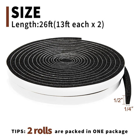 Rock Solid Open Cell Foam Tape Self Adhesive Sound Insulation Weather Stripping Gap Filler Heat Noise Reducer Half Quarter Inch 13 Foot Roll Dual Pack in a coil showing size details.