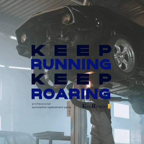 Car on lift in garage with slogan 'Keep Running Keep Roaring' overlay, automotive service theme.
