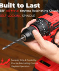 21V Max Brushless Cordless Hammer Drill Driver Kit in hand, showing 3/8 inch metal chuck and drill bit, featuring ratcheting chuck.