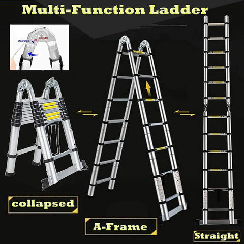Space Saving A Frame Telescoping Ladder From 2.7ft To 12.5ft, 6 6 Steps, Adjustable Height, Heavy Duty 330lb Capacity, Anti Slip Feet, Foldable For Easy Transport, Great For RV Home And Light Duty Work. Collapsed, A-frame, and straight ladder views.