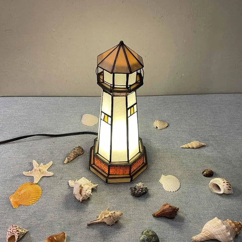 L10626 Lighthouse Tiffany Style Stained Glass Accent Table Lamp Night Light For Home Decoration With Sweet Orange Glow