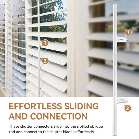 Twenty Heavy Duty Shutter Vane Repair Slider Connectors Made From Resilient Nylon Tilt Rod Replacement Parts For Plantation Blinds displayed next to slotted blinds.