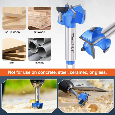 Heavy Duty Forstner Drill Bit 1-1/4 Inch 32 Mm tungsten carbide tips for drilling wood, MDF, and plastic, featuring 3 flute design.