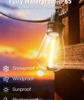 Close-up of Edison bulb from 100 Ft LED Outdoor String Lights With 30 Shatterproof Edison Style Bulbs IP65 Waterproof at sunset.