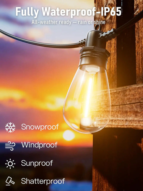 Close-up of Edison bulb from 100 Ft LED Outdoor String Lights With 30 Shatterproof Edison Style Bulbs IP65 Waterproof at sunset.