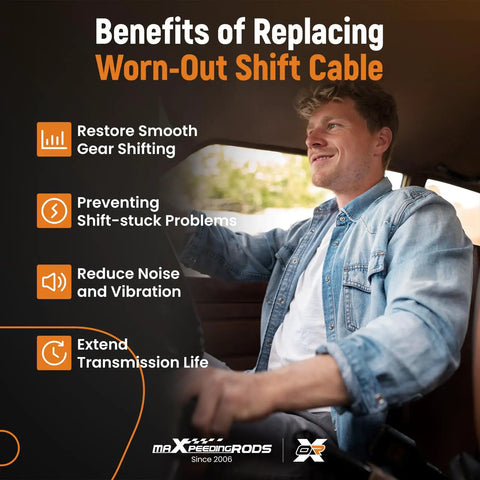 Man in car with benefits of worn-out shift cable replacement text overlay