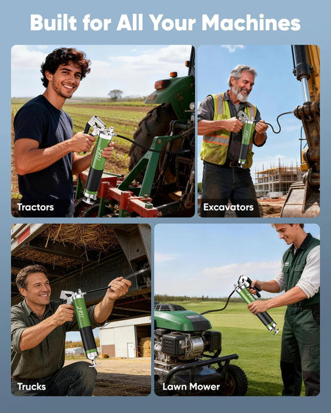 J-KU grease gun kit, manual pistol-grip; green and black, for tractors, excavators, trucks, lawn mowers.