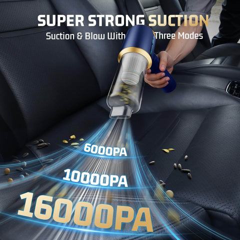 Cordless Car Handheld Vacuum Cleaner With 16000Pa Suction Brushless Motor And HEPA Filter Ultra Lightweight And Compact For Cars And Office No Cords Quick Cleanups Easy Empty Dust Cup Blue in use on car seat demonstrating 16000Pa suction power.