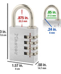 Set Your Own Four Letter Locker Lock 1 9/16 Inch Wide Indoor Padlock with size dimensions and nickel plated shackle.