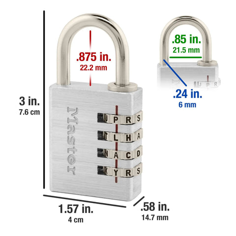 Set Your Own Four Letter Locker Lock 1 9/16 Inch Wide Indoor Padlock with size dimensions and nickel plated shackle.