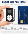 Clip On Mini MP3 Player With USB Clip held next to credit card, showing dimensions and size comparison for on-the-go use.