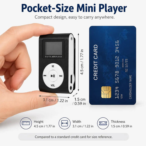 Clip On Mini MP3 Player With USB Clip held next to credit card, showing dimensions and size comparison for on-the-go use.