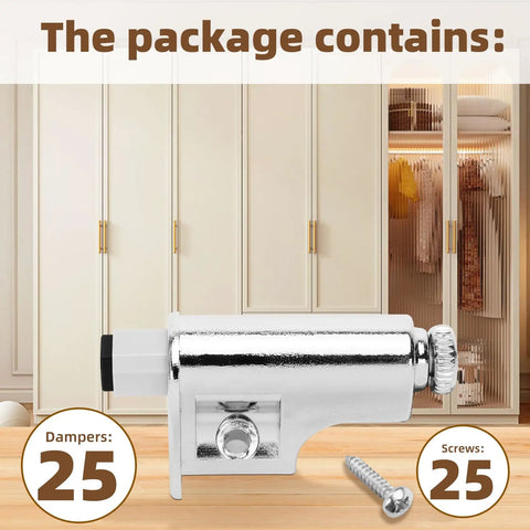 Five Piece Kit Of Universal Soft Close Cabinet Door Dampers provides smooth gliding motion with 25 dampers and screws on wood surface.