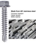 Close-up of 401 stainless steel hex washer head screw and metal rods, 100 Pcs Self Tapping Stainless Steel Hex Washer Head Screws Kit.