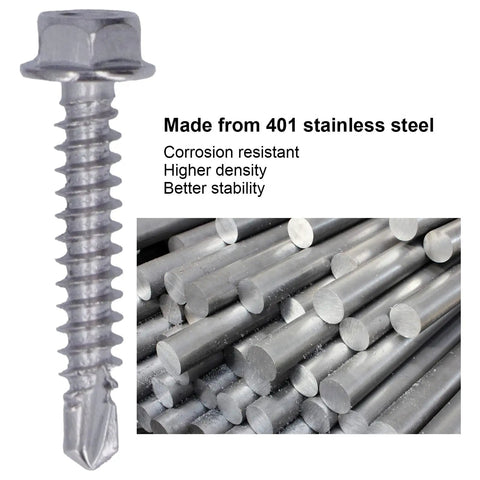 Close-up of 401 stainless steel hex washer head screw and metal rods, 100 Pcs Self Tapping Stainless Steel Hex Washer Head Screws Kit.