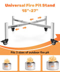 Universal 15-27 Inch Fire Pit Stand With Wheels Stainless Steel Adjustable Retractable Base, shown fitting 15, 19.5, 27 inch pits.