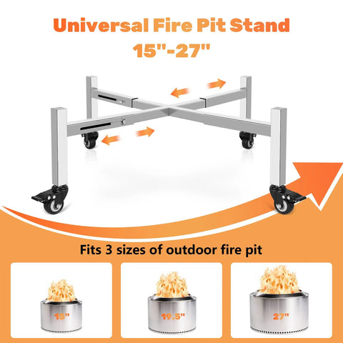 Universal 15-27 Inch Fire Pit Stand With Wheels Stainless Steel Adjustable Retractable Base, shown fitting 15, 19.5, 27 inch pits.