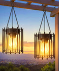 Bright Solar Lanterns Outdoor Waterproof Hangable Lights with auto on off, warm LED glow hanging under pergola at sunset